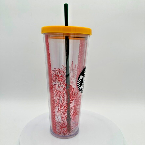 Starbucks 2018 Red Lace Cactus Venti Cold Cup Acrylic Yellow Clear Beach Summer - Picture 4 of 8